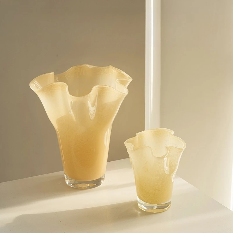 Pleated handmade wavy mouth cabbage glass vase home soft countertop hydroponic fruit plate ornament