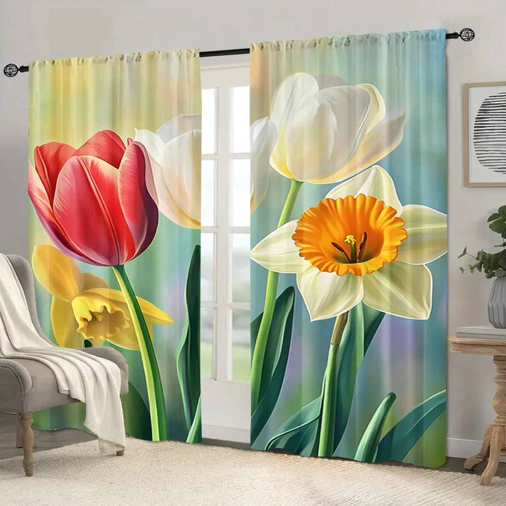 Cartoon tulip flower plant pattern Print Drapes Room Darkening Window Curtains Home Decor,Rod Pocket Blackout Curtains Bedroom