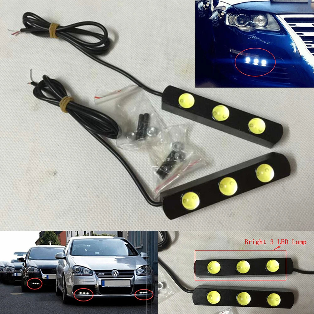 1 Pair Metal Aluminium Shell Bright 3 LED Car DRL Daytime Running Light Daylight Driving Safety Fog Lamp Vehicle Accessory Kit