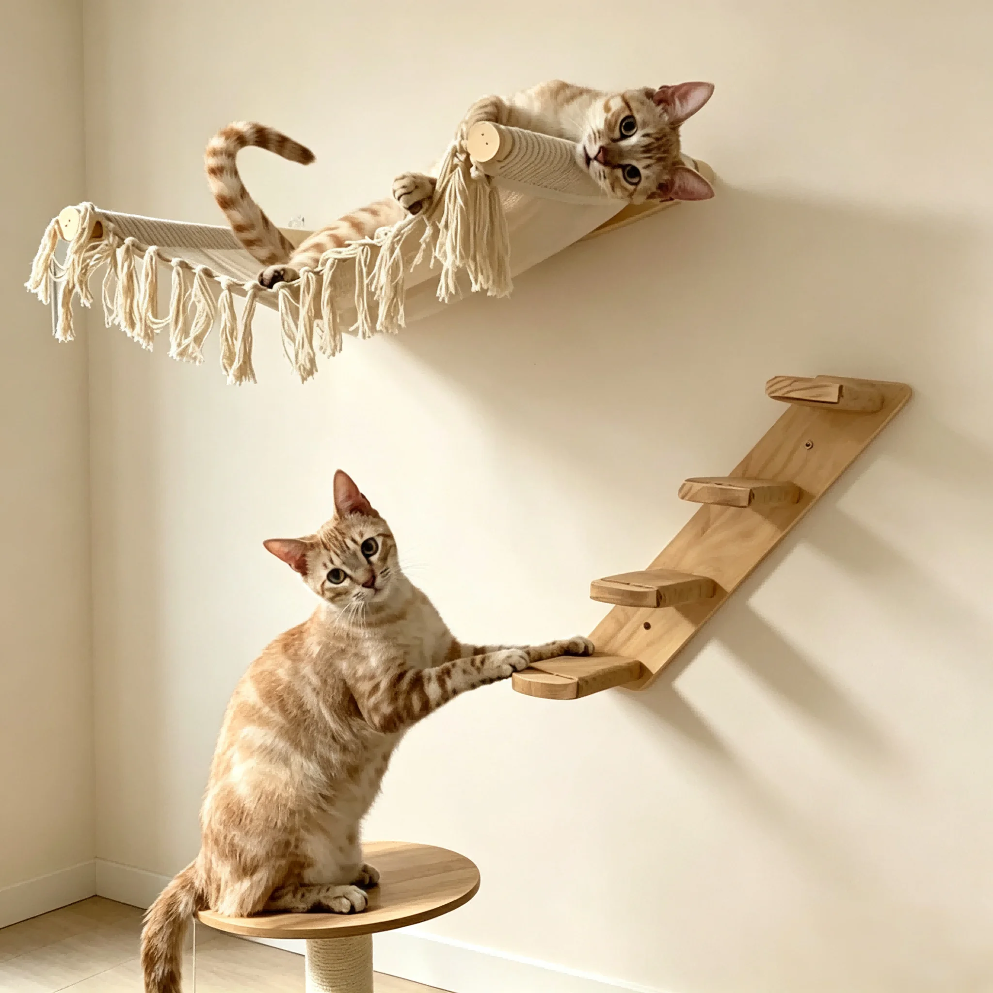 Wandmontierte Katzenmöbel aus Naturholz, Schwebende Katzenregale für Innenräume, Kletter- und Ruheplatz für Kätzchen, Platzsparendes Wandaktivitätsset für Haustiere – Detail 6