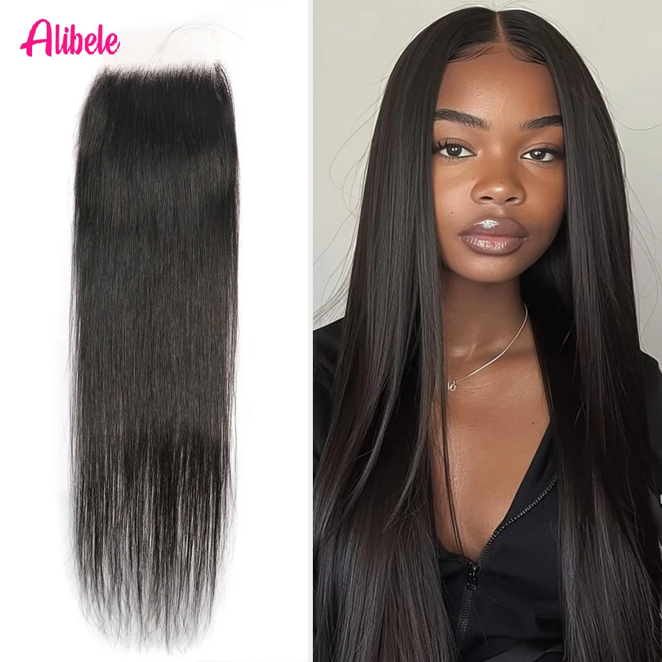 

Alibele Lace Front Closure Pre Plucked Natural Hairline Straight 4x4 Transparent Lace Closure Peruvian 100% Human Hair For Women