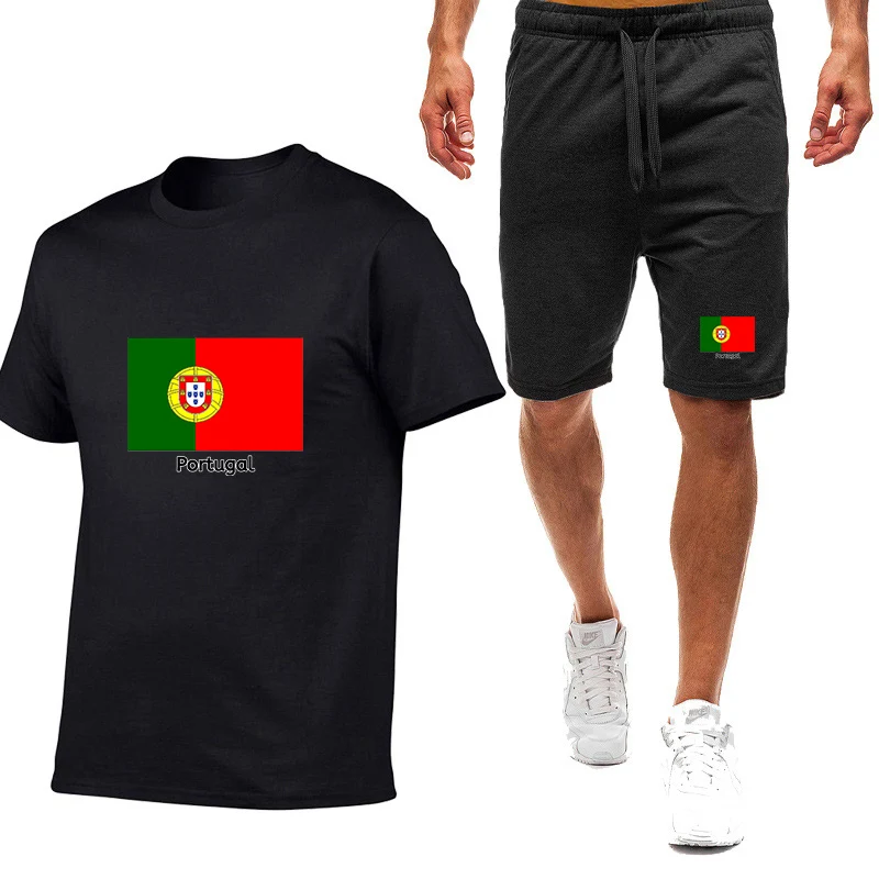 

2026 Portugal Flag Summer Men's New Football Team Print Nine Color Short-sleeved Set Cotton Thin T-shirt + Shorts Suit