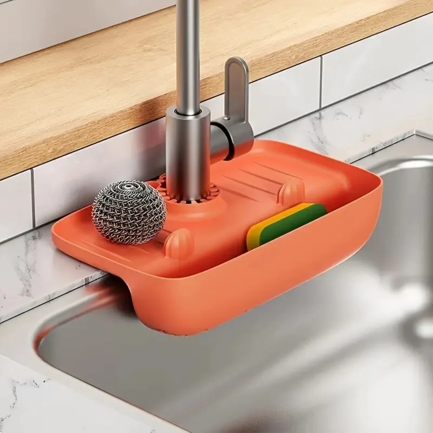 Household Silicone Sink Drain Rack Faucet Splash Proof Drain Rack Water Collecting Pad Sponge Rag Steel Wool Gadget  Box