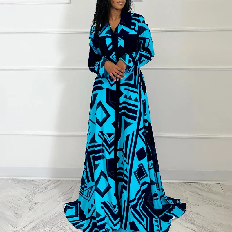 African Shirt Maxi Dress Women High Waist Full Sleeve Robes Spring New Fashion Print Elegant Streetwear African Dresses Vestidos