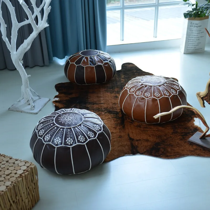 50x33cm Handmade Moroccan Leather Round Stool Cover Embroidery Futon Cushion Protector For Living Room Sofa Home Interior Decor