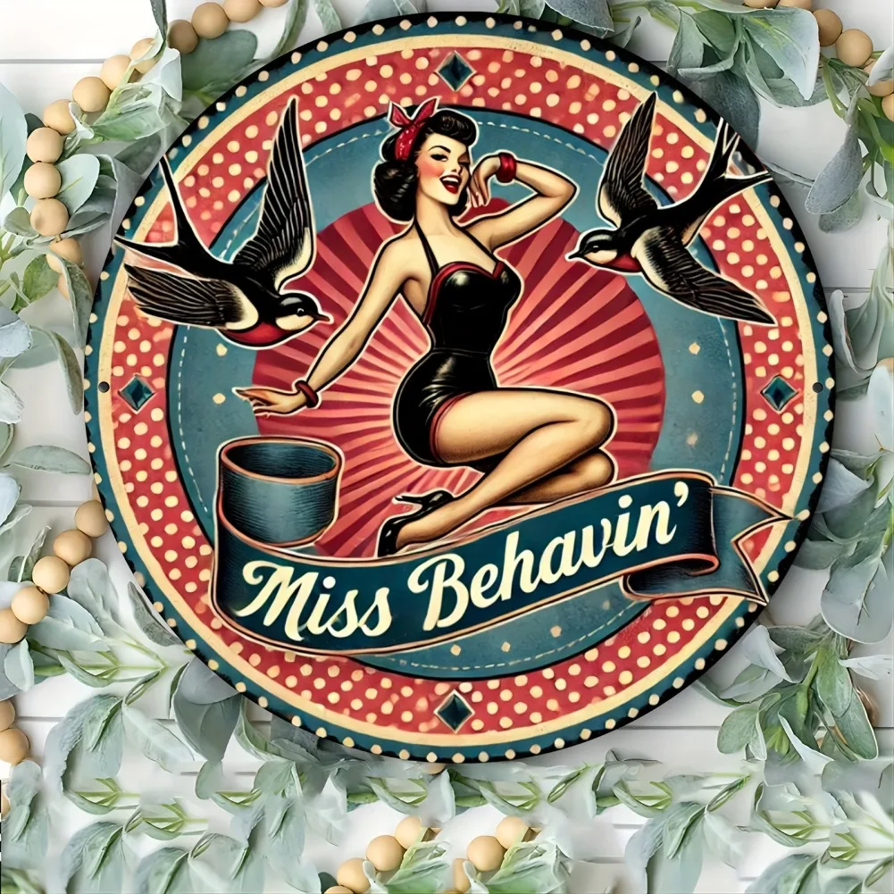 Bettie Page Retro Pinup Girl Rockabilly 20,3 x 20,3 cm rundes Metallschild/Aluminium-Wandkunst für Heim- und Bürodekoration/langlebiges Material