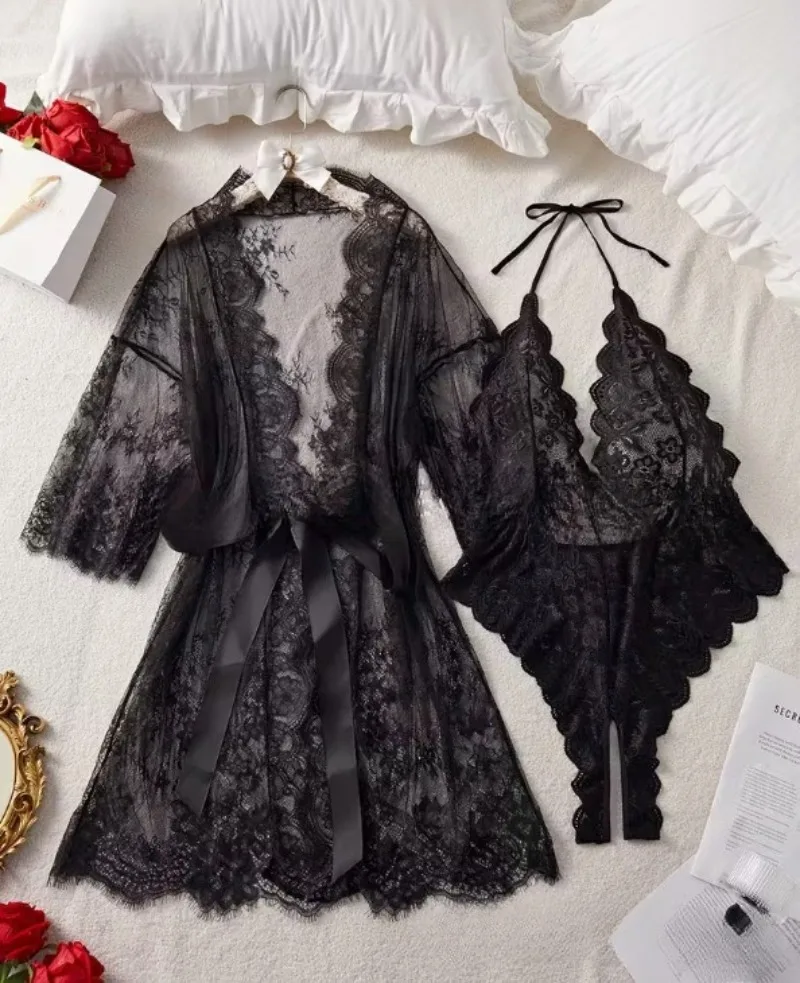 New European and American women's sexy seductive see through lingerie nightgown lace loose kimono robe lace jumpsuit pajamas