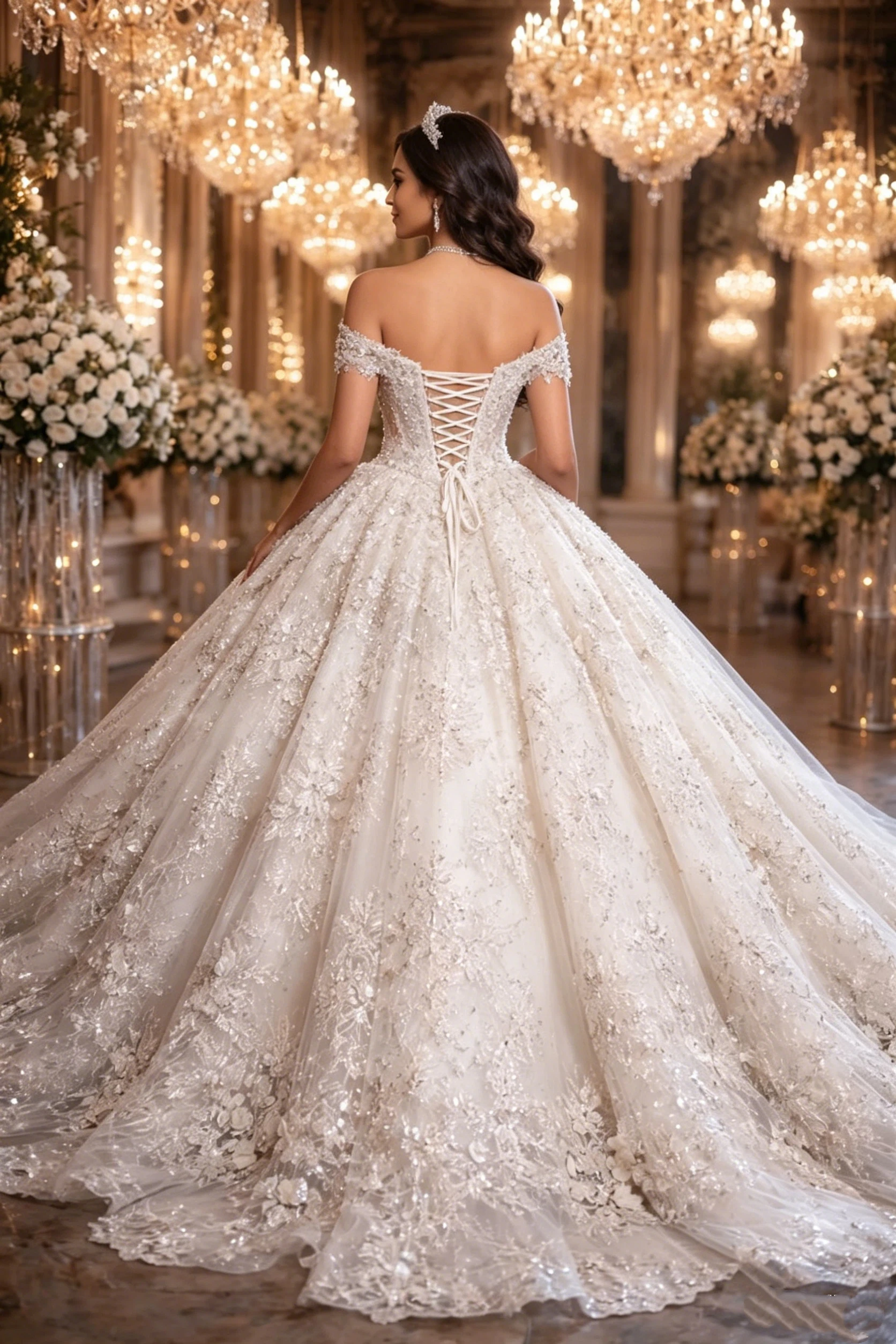Luxurious Sparkling Lace Embroidered Women's Wedding Dress Sexy Sweetheart Strap Stripped Train Church Bridal Dress Customized