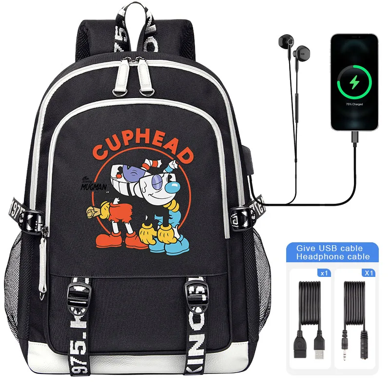 Hot Cuphead Mugman School Bags For Teenager USB Charging Laptop Backpack Boys Girls Student Book Bag Mochila Travel Bag