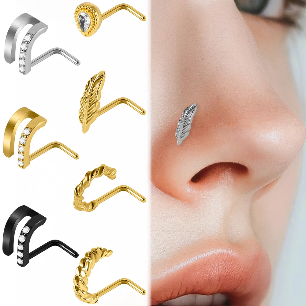 3/1PCS Stainless Steel Curve Shape Arch L Rod Zirconia Nose Studs Threadless Body Jewelry Piercing 20G For Women