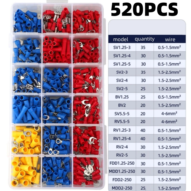 

520PCS Crimp Terminal Kit - Pre-Insulated Copper Connectors Assortment (Red/Blue/Yellow) 22-10 AWG