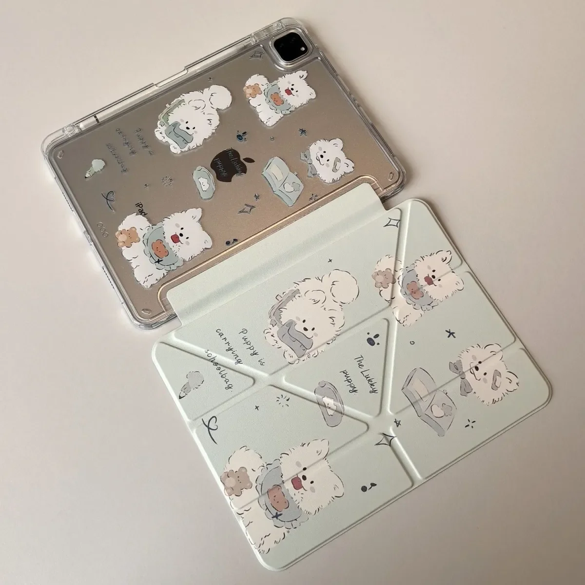 Kawaii Samoyed Puppy Mint Green Cartoon Cute Creative For iPad Case iPad 10 9 8 7 Air 5 4 3 2 Pro 11 Mini Y-Fold Tri Fold Cover