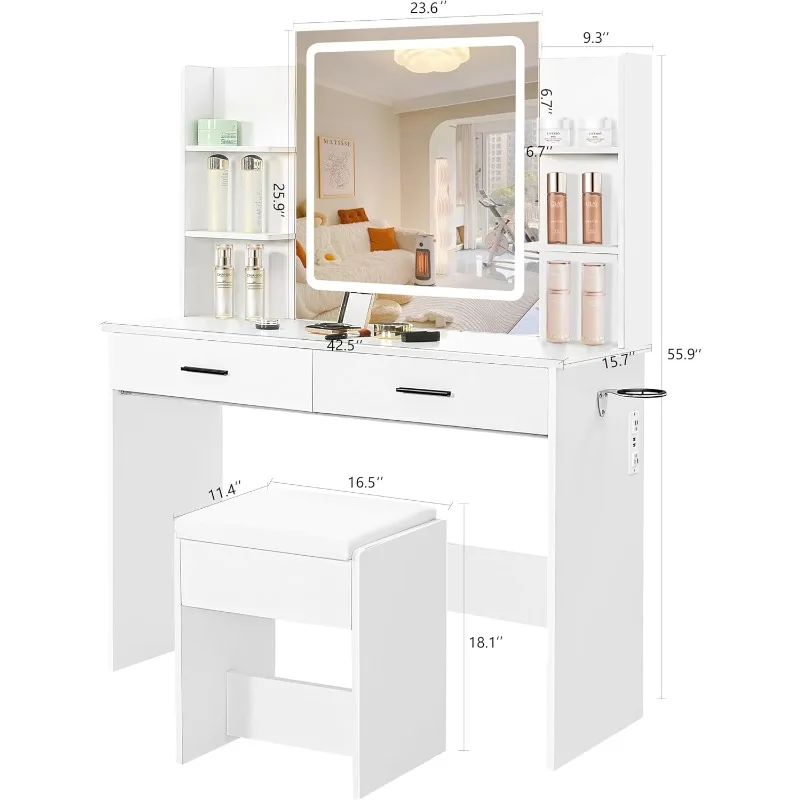 

Makeup Vanity Desk with Mirror and Lights, Makeup Table with 2 Large Drawers, 3 Color Modes Adjustable Bulb