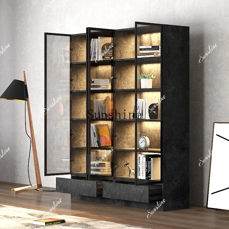 Light luxury floor-to-ceiling glass door bookcase displays modern simple household figure storage on the whole wall  FT