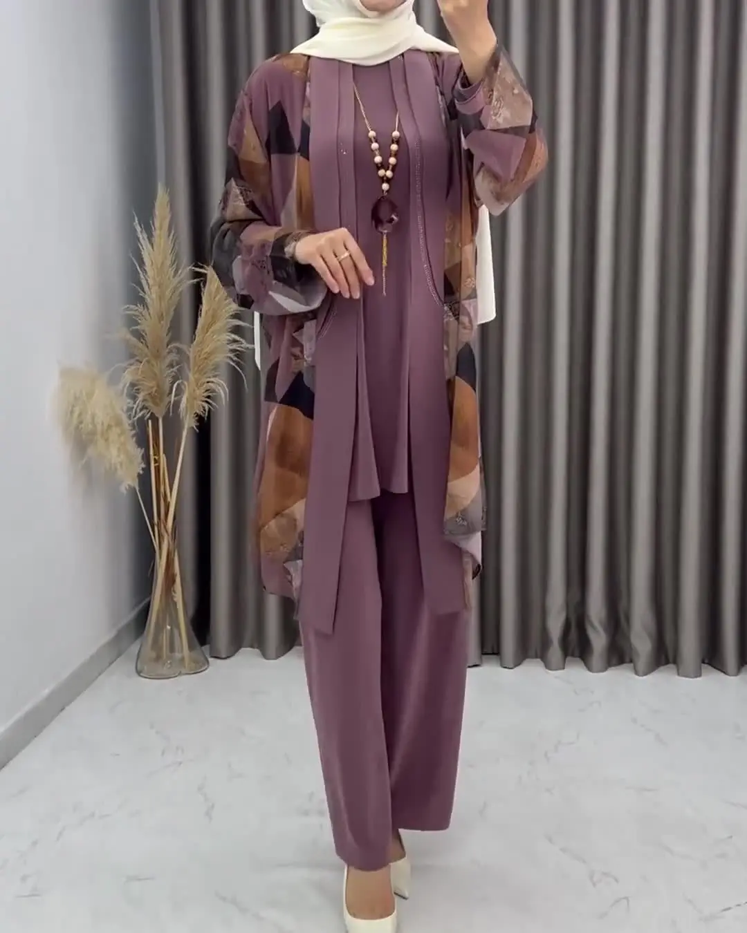 イード女性アバヤ 3 点セット パンツ付き パーティー イスラム教徒セット カフタン ローブ ジャラビヤ ラマダン モロッコ ドバイ 2025 ムスルマン アンサンブル