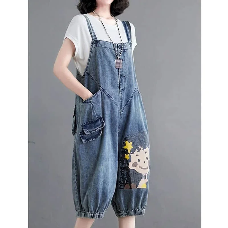 Macacões jeans estilo coreano dos desenhos animados impresso uma peça roupa casual solta roupas de verão para mulheres cintura alta jeans cortados