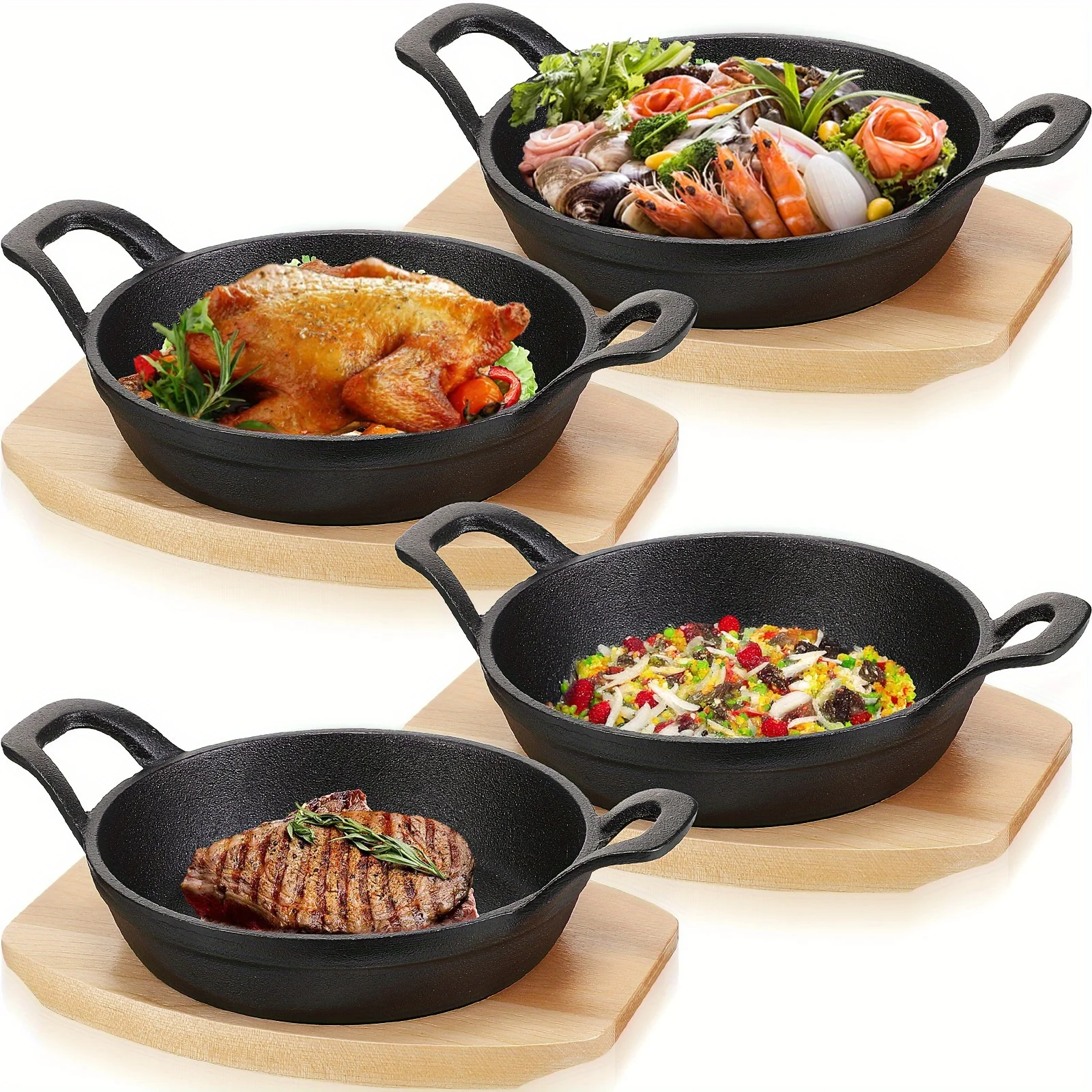 

4pcs Cast Iron Baking Tray- with Wooden Tray, Mini Stew Pot Cookware Set, Oven, Open Fire, Picnic Universal, with Wooden Tray,
