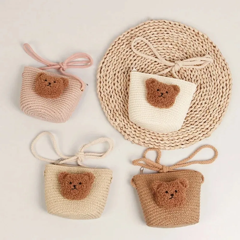 Cute Straw Woven Shoulder Bag Cartoon Bear Beach Coin Purse Handmade Travel Wallet Kids