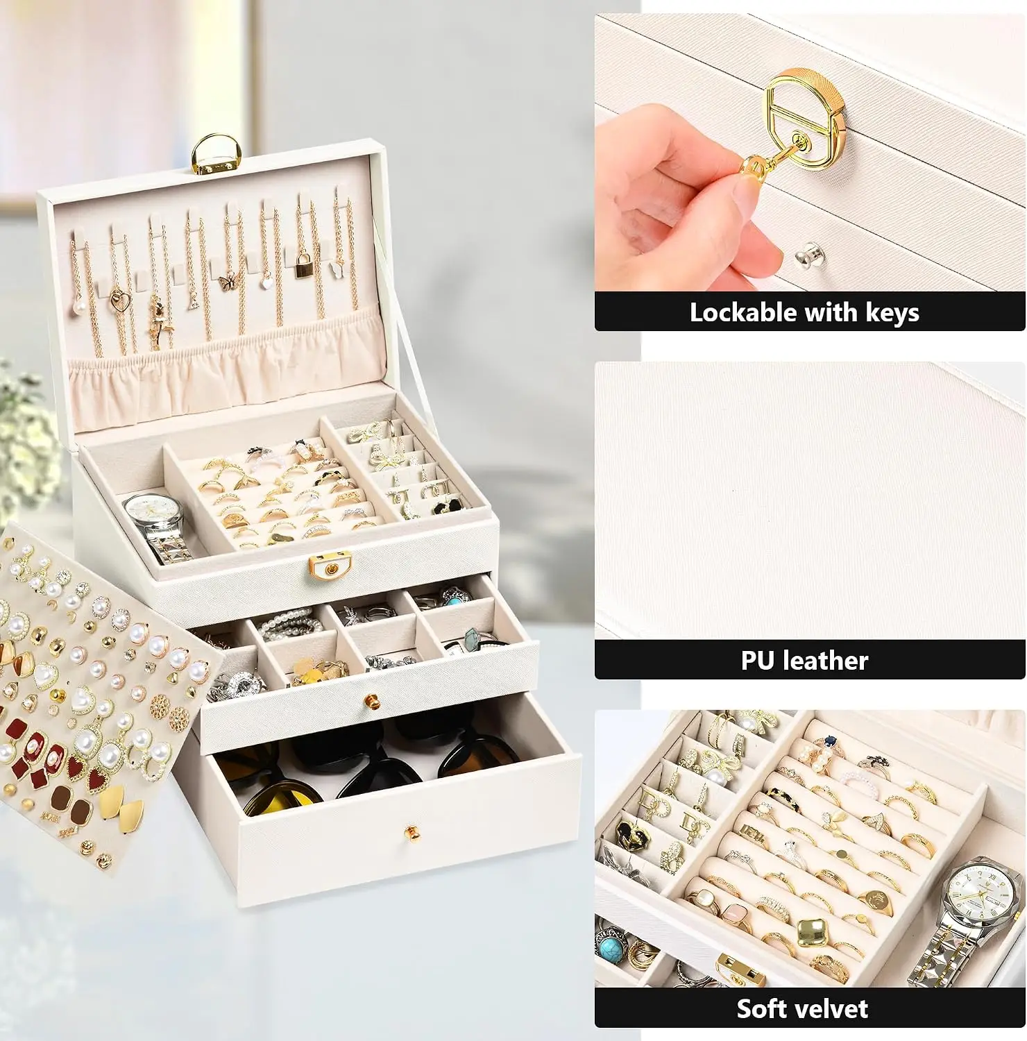 3 Layer Jewelry Box with Lock, Large Capacity Velvet Jewelry Organizer for Rings, Earrings & Necklaces, Jewelry Storage Case