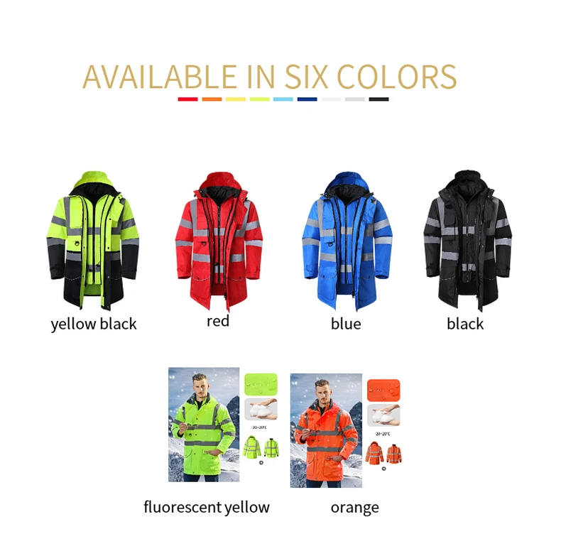 Safety Jacket Reflective Waterproof Windproof Coldproof Hi Vis 7 in 1 Parka Windbreaker Workwear with Detachable Cotton Linner