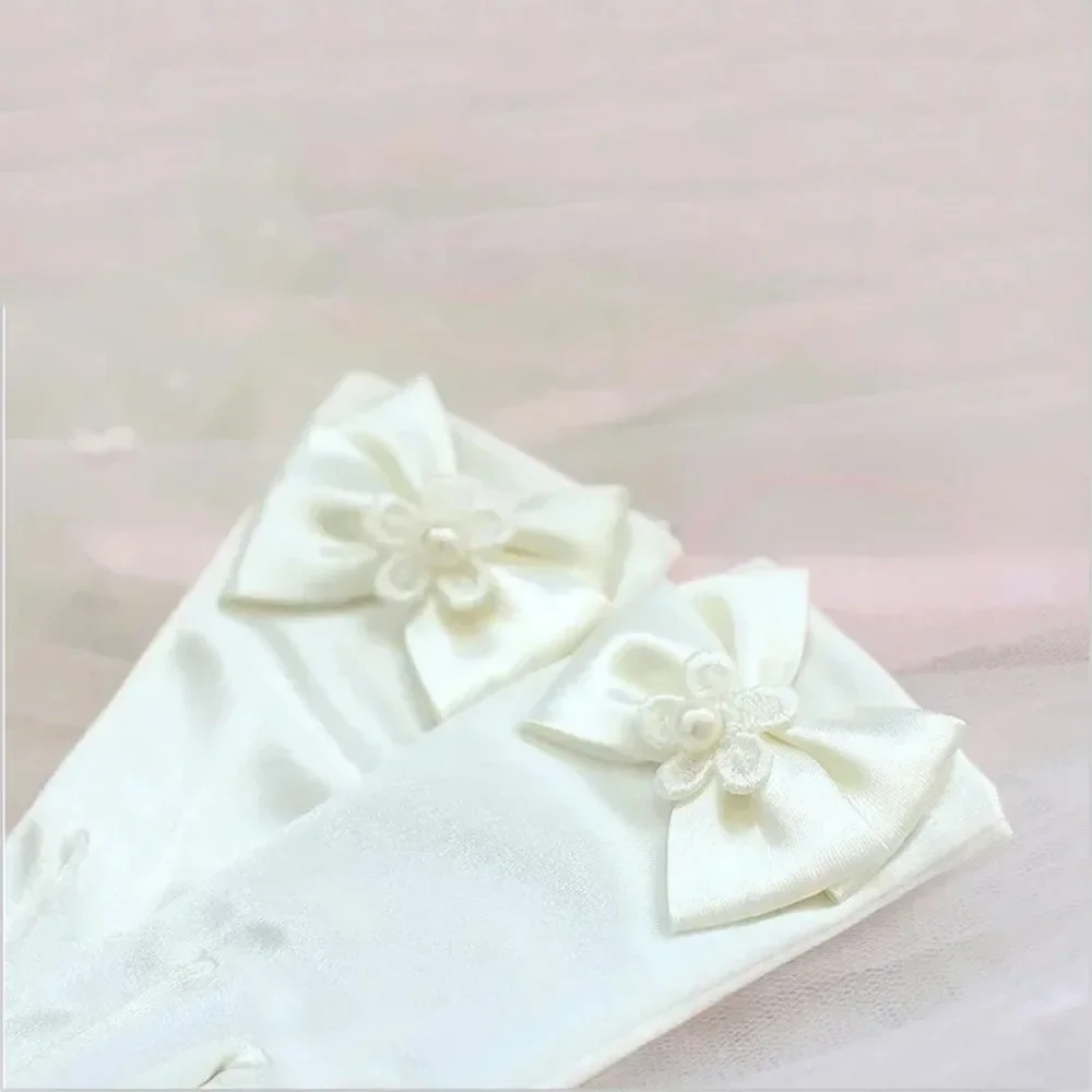 New Sweet Satin Flower  Gloves White Gloves for Girls Wedding Gloves with Bow Fashion Mittens