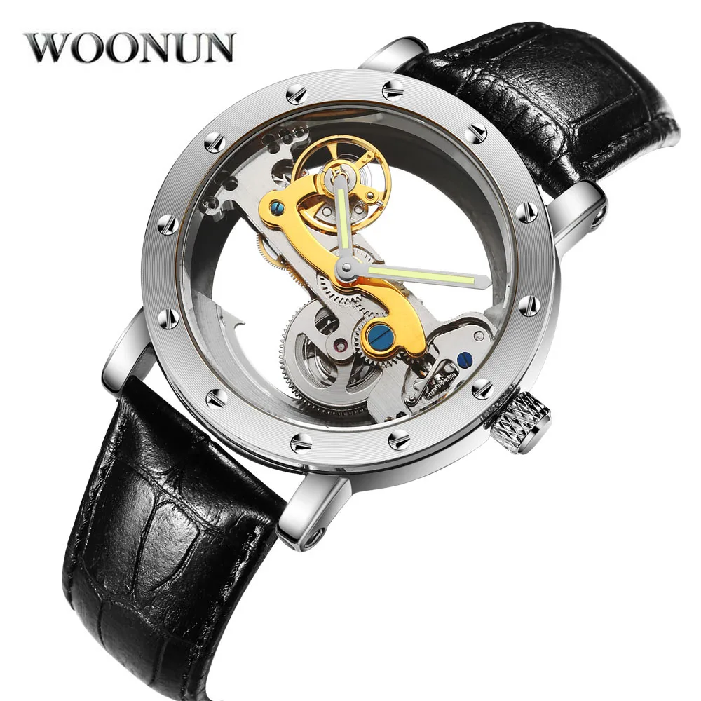 Luxury Brand WOONUN Leather Strap Transparent Dial Golden Case Mens Watches Automatic Mechanical Orologio Men