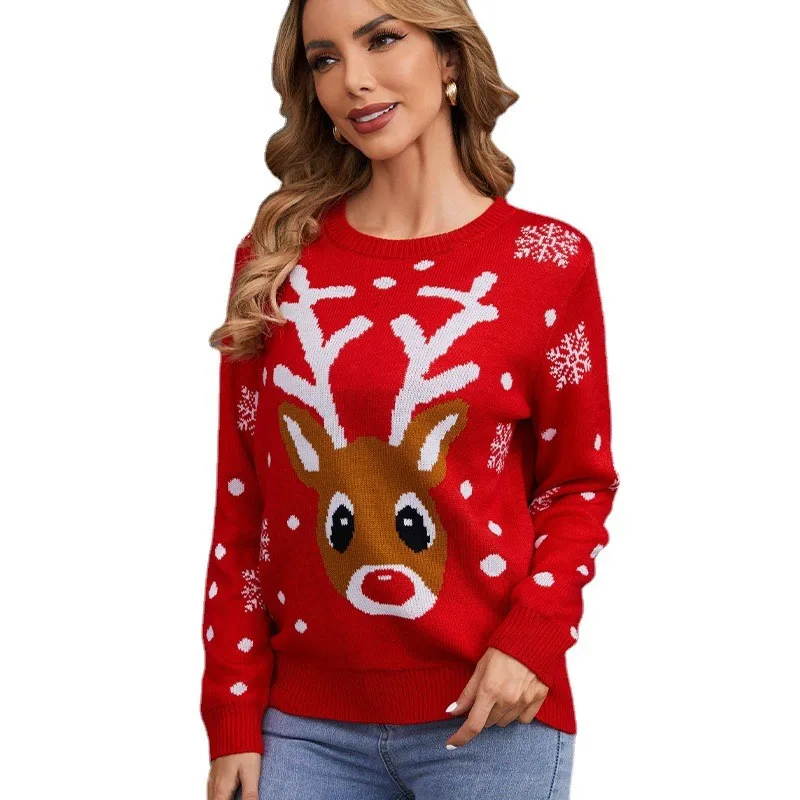 Red Christmas Knitted Sweater Women\'s Round Neck Hoodie Long Sleeve Elk Snowflake Cartoon Pattern Sweater Autumn New Item 2024