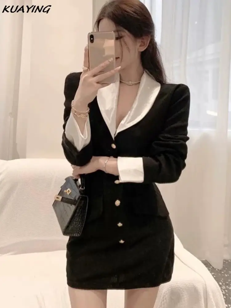 Y2k Two-piece Skirt Set Women Casual Korean Chic V-neck Crop Tops Jacket Bodycon Black Mini Skirts Elegant Suit 2024 Autumn New