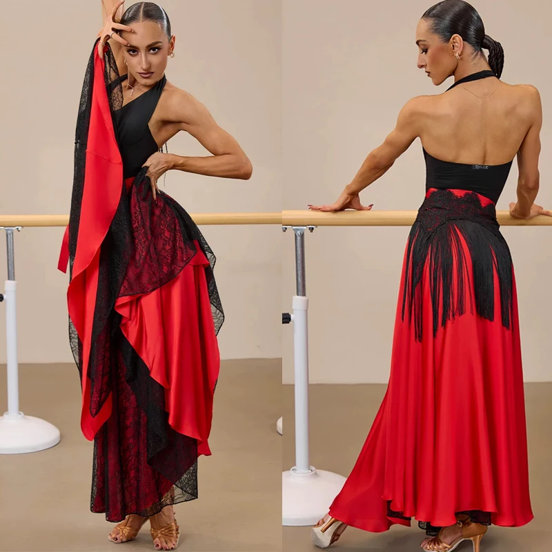 Female Waltz Ballroom Dance Competition Skirt Irregular Fringed Lace Strap Skirt Women Chacha Modern Dancing Wear SL16489