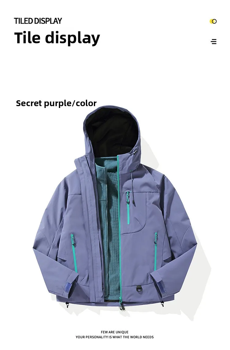 Empty Mountain Rain Hardshell Wind- und Wasserdichte Funktionelle Outdoor Drei-in-Eins-Kapuzen-Bergsteigerjacke für Männer und Frauen – Detail 14