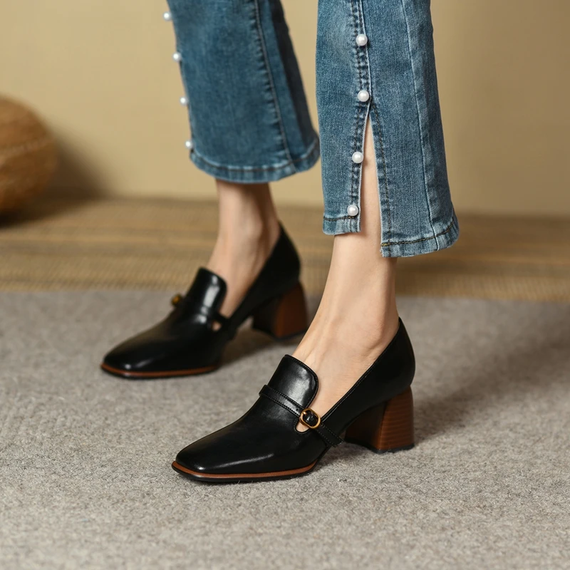 2022 New Square Toe Slip On Women Shoes Genuine Leather Shallow Ladies Shoes Spring Autumn Concise Square High Heels Size34-42