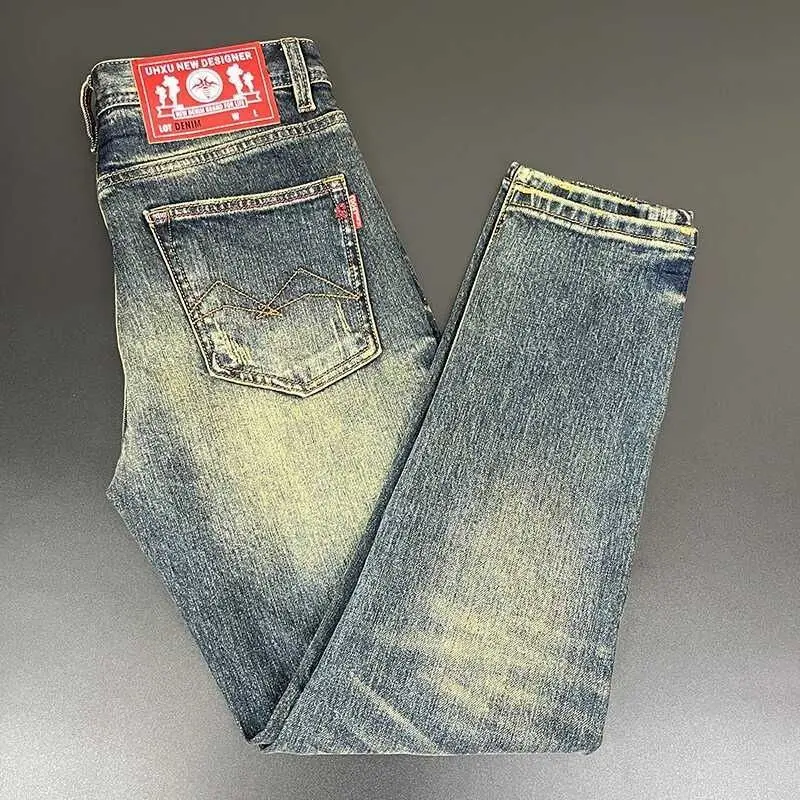 Retro Washed Slim Fit Blue Elastic Denim Jeans Men's Summer Fashionable High Street Style Youthful Wear Resistant All Seasons