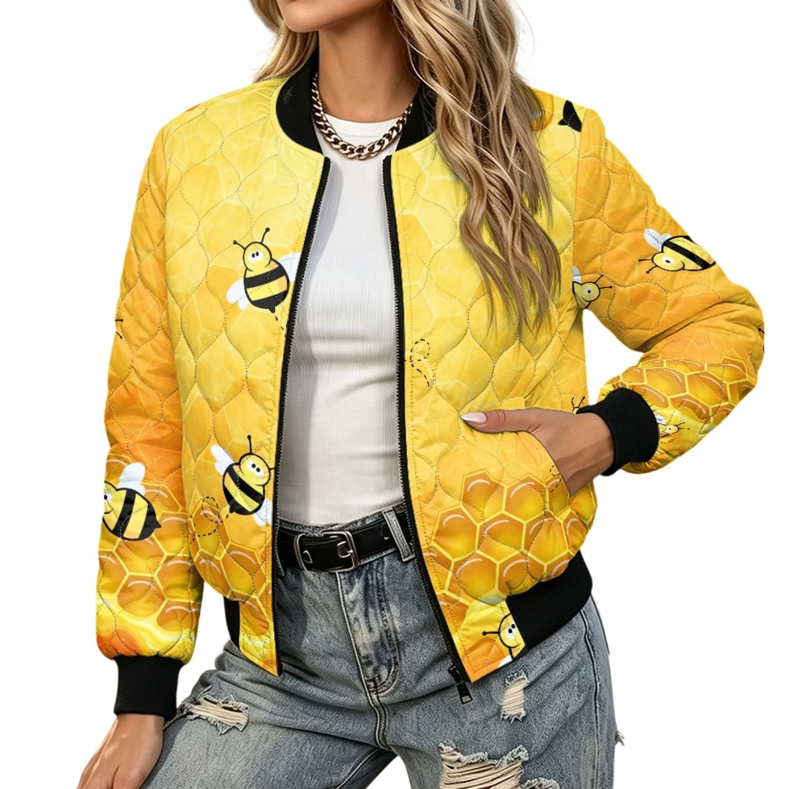 PENSTROLL Bee Women Everyday Wear Long Sleeve Padded Zip Bomber Jacket Cozy Quilted Puffer Jacket for Commuting