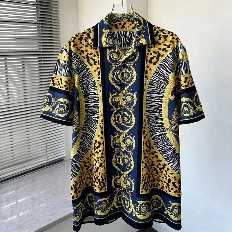 Summer New Men's Fashion Baroque Printed Short Sleeve Shirt CleanFit Waist-Cinching PU Leather Easy Care Summer 2015 Style
