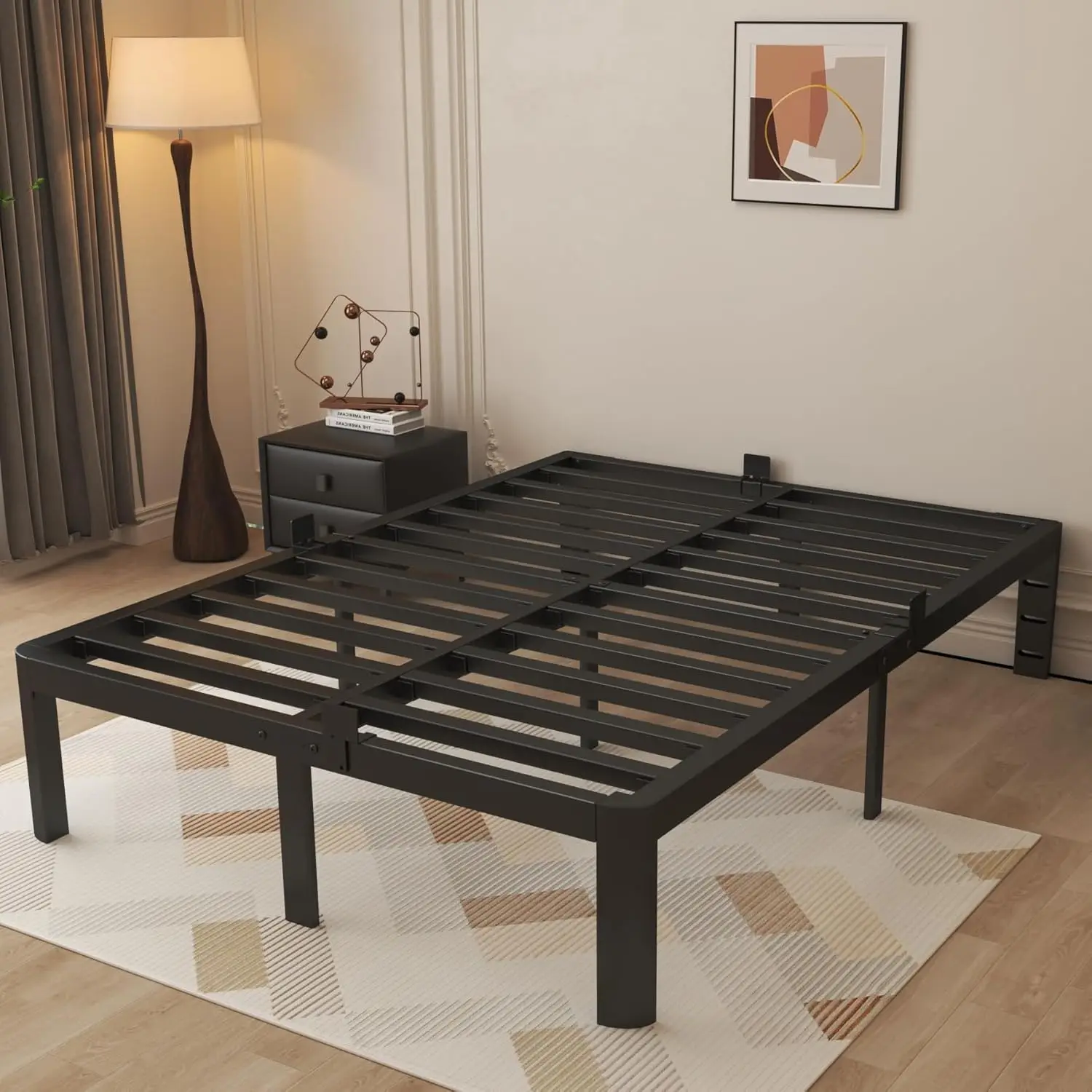 

14 Inch Queen Bed Frame, Black Bed Frame Queen Size with Metal Baffles, No Box Spring Needed, Heavy Duty Steel Platform