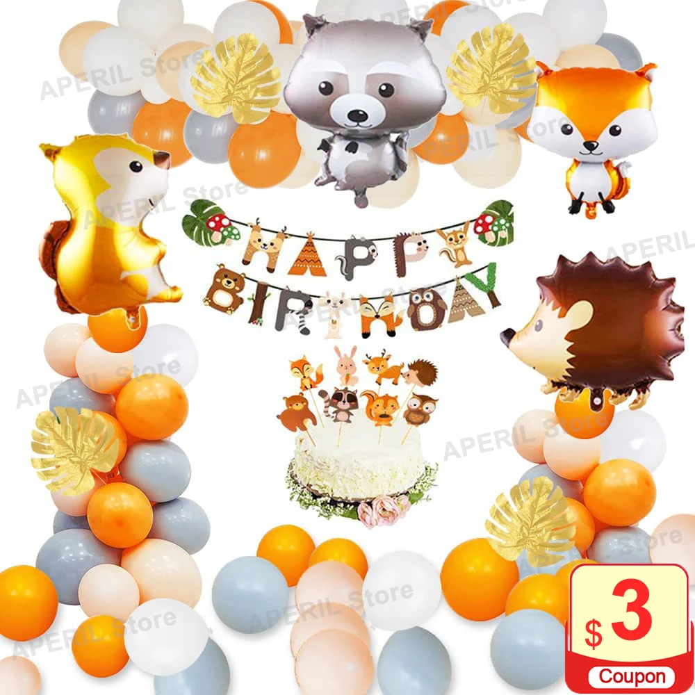 Woodland Forest Animal Theme Birthday Party Decorations for Kids Boy One Year Girl Birthday Balloon Decor Fox Squirrel Balloons