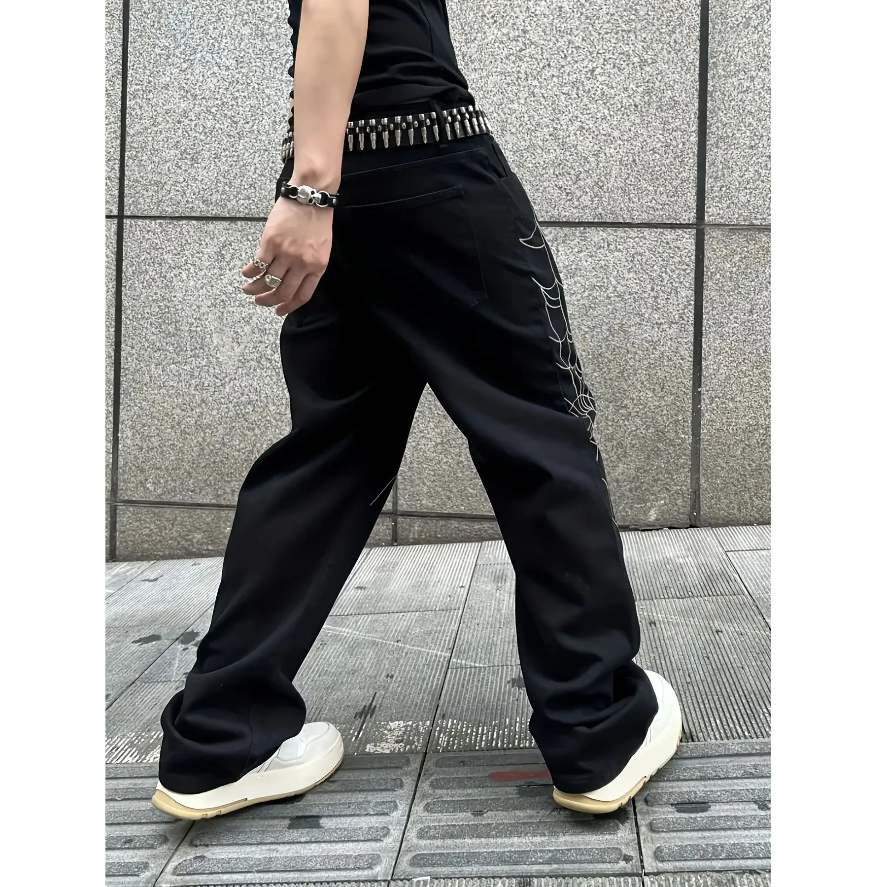 جينز فضفاض للرجال بتصميم شبكة العنكبوت القوطية، جينز مع جيوب ملابس العمل، التزلج، ملابس العمل السوداء في الشارع، كبير الحجم #5