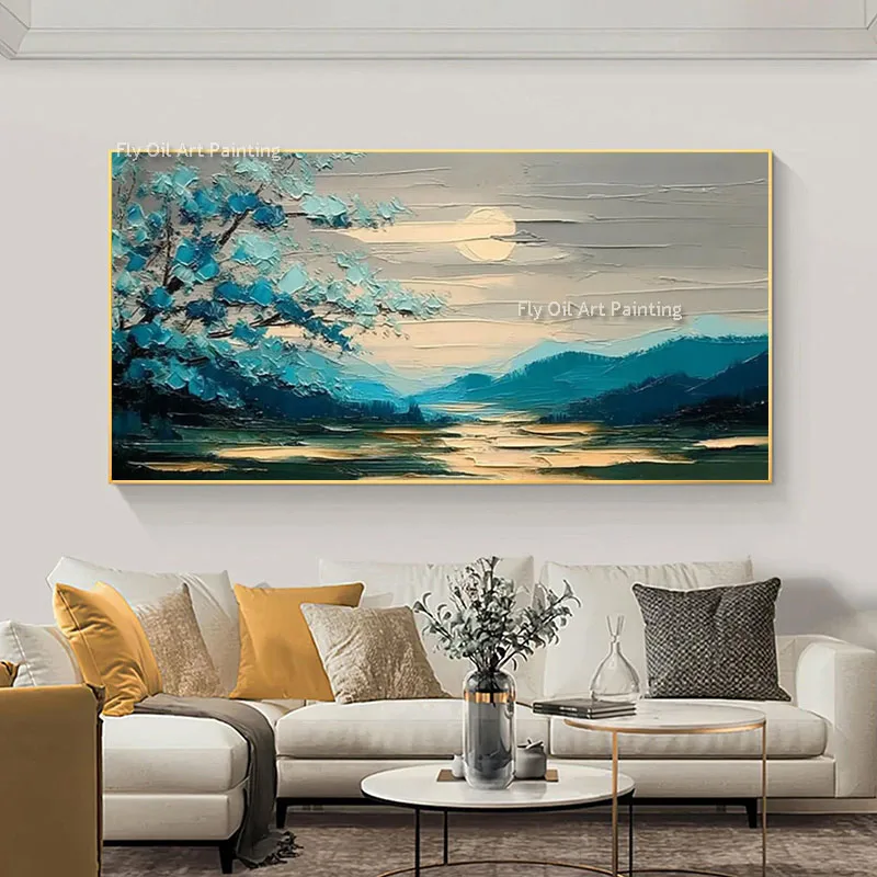 Thick Impasto Hand Painted Scenery Artwork, Midnight Moon Blue Valley Oil Painting, Wide Horizontal Canvas Home Wall Decor