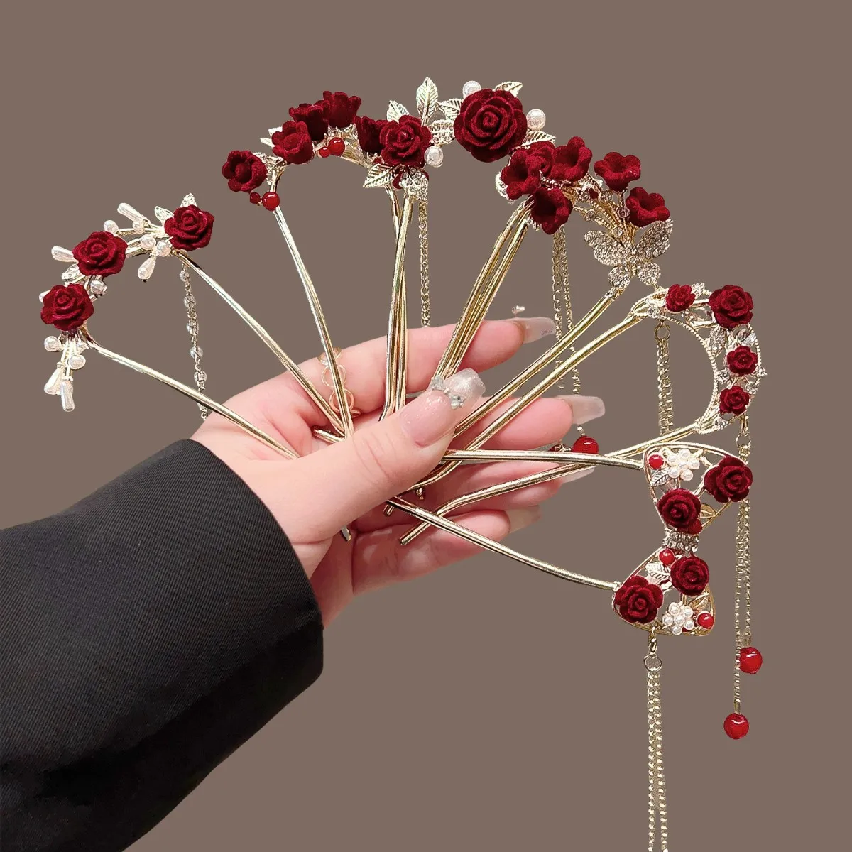 

Flower tassel u-shaped hairpin, women's hairpin, disc hair artifact, toasting clothes, bridal headgear