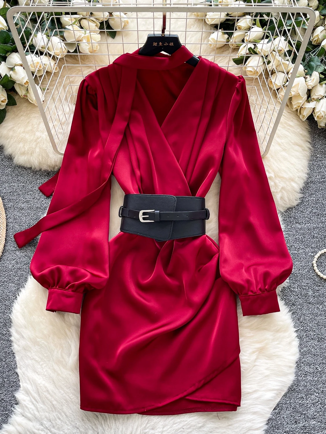 Ele Silk V-Ne Long Sve Cintura in vita Dr Gonna ort snellente autunnale da donna Avvolgente aderente Dr a vita alta