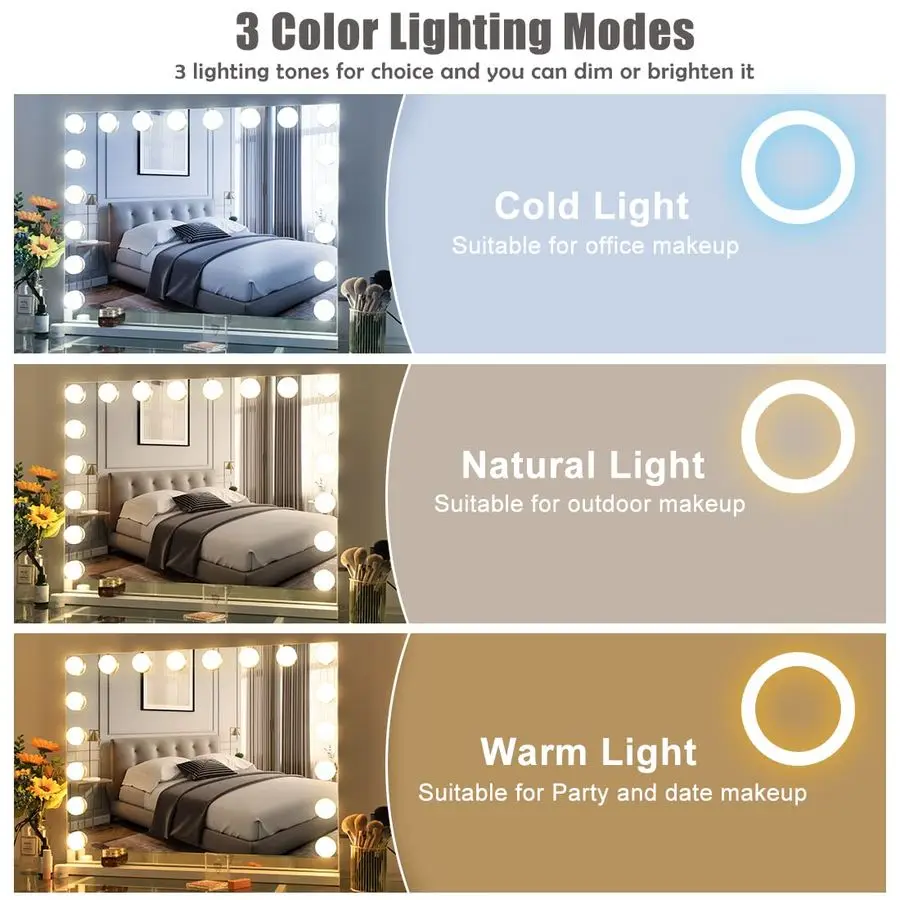 مرآة فانيتي مع أضواء ومكبر صوت بلوتوث 32x 22.8 مرآة مكياج هوليوود مع 18 لمبة LED، مرآة كبيرة مضاءة مع 3 #4