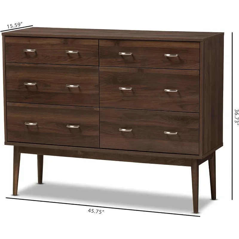 Sharon Mid-Century moderno Walnut Brown terminou cômoda, 6 gavetas