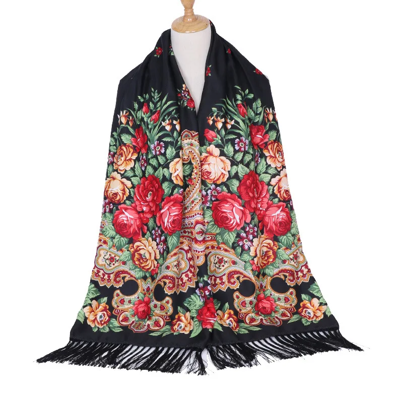 Luxury Brand Scarf Women Flower Shawl Autumn and Winter Foulard Warmth Vintage Tassel Hijab Warp Printed Headscarf Bandana