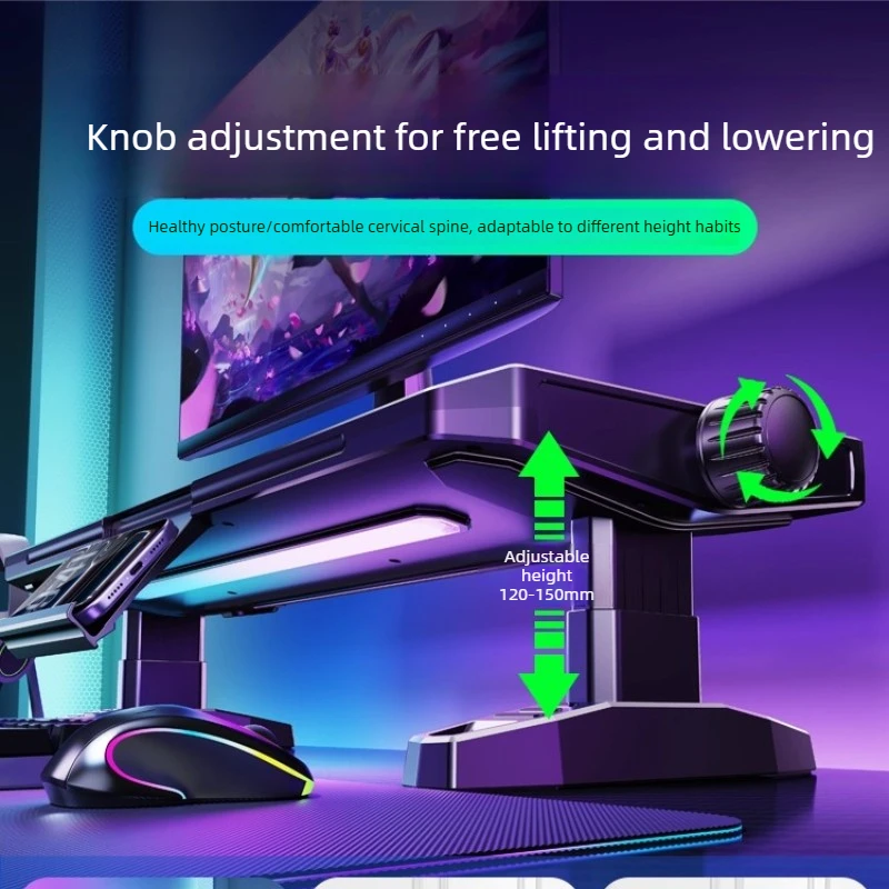 ‌Knob-Adjusted Monitor Riser, Ergonomic Dual USB Stand, Elevated Desktop Platform, Keyboard Storage Organizer Solution