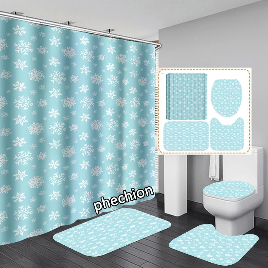 phechion New 3D Print Christmas Pattern Shower Curtain Waterproof Bathroom Curtain Anti-slip Bath Mat Set Toilet Rugs VR235