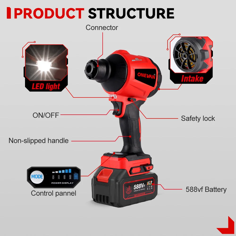 ONEVAN 1500W 브러시리스 송풍기 80000RPM 팽창기 진공 다기능 무선 송풍기 21V 18v 배터리 용 먼지 청소 도구