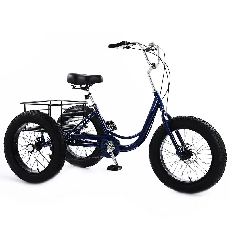 20inch High carbon steel frame Fat Tire Tricycle 7speed Pedal Snow Tricycle Adult Dual Disc Brake Elderly Vegetable Basket Cart