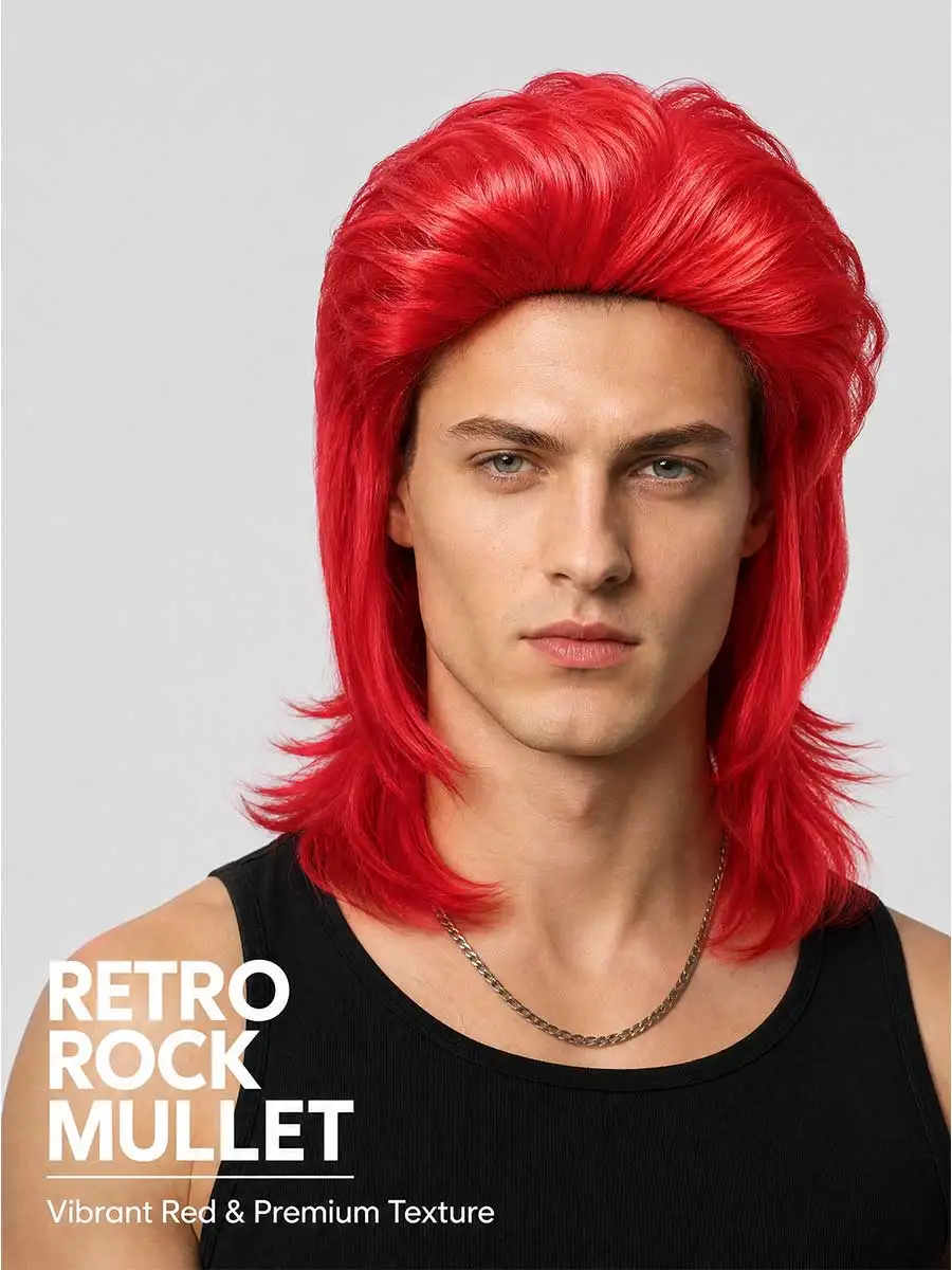Bright Red Mens Wolf Cut Medium Long Wig Heat Resistant Layered Synthetic Wig Bold Styling For Anime Cosplay Halloween Party