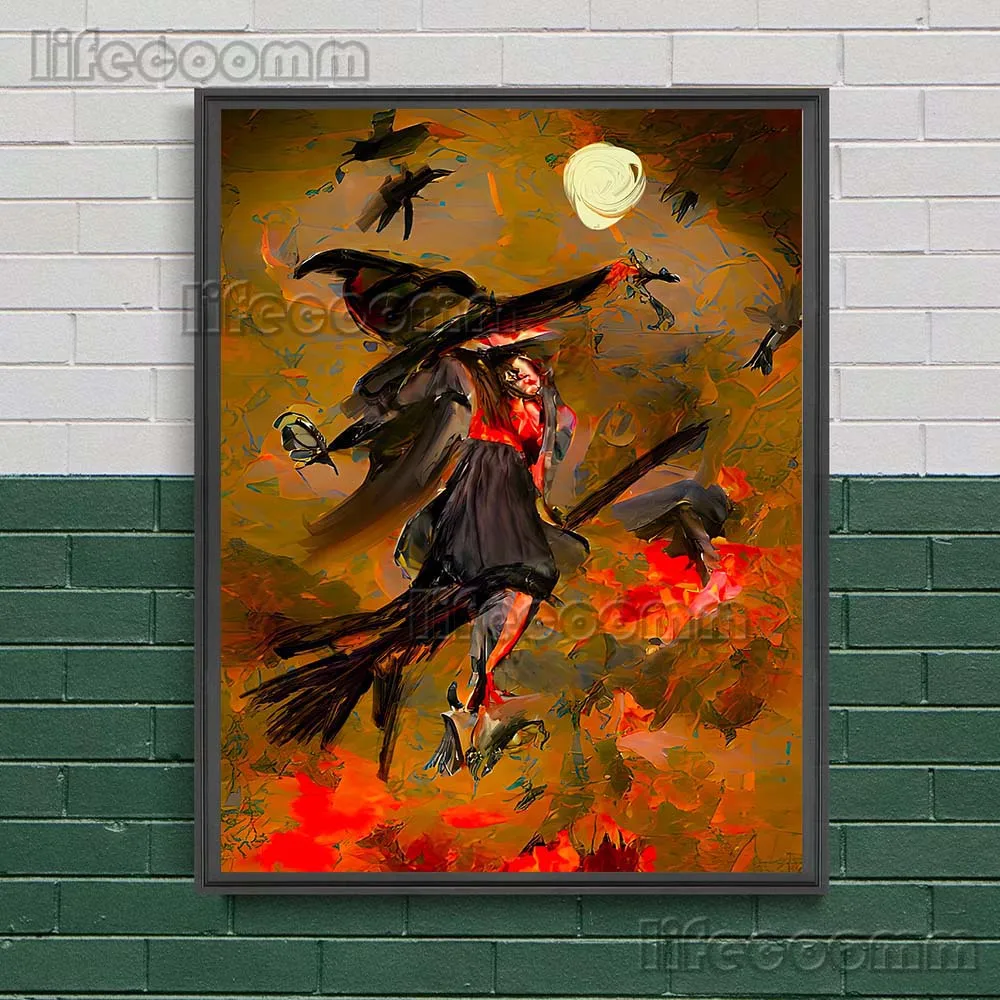 Pumpkin Nun And Bat Wizard Cat Pagan Art Poster Print Abstract Ghost Witchy Decor Gothic Spooky Room Wall Art Canvas Painting