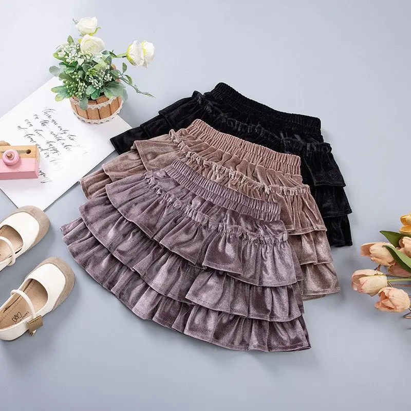 2026 Winter Girls Velvet Cake Skirt Elastic Waist Ruffled Short Skirt Fashion Kids Party Half Skirt Black Red Purple